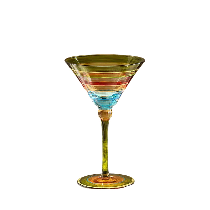"Chromatic" hand-painted martini glass in Carnival variant on white background — CL House Drinkware collection