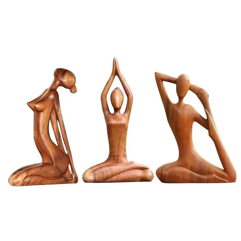 Still Forms — Ascend, Surrender and Expand wooden yoga sculptures together, natural wood finish, minimalist zen decorative set