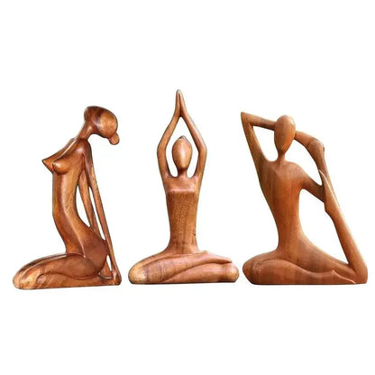 Still Forms — Ascend, Surrender and Expand wooden yoga sculptures together, natural wood finish, minimalist zen decorative set