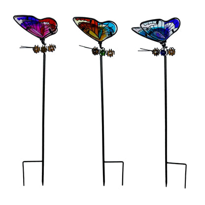 "Garden Wings" set of 3 stained glass effect metal butterfly garden stakes in pink-red, multicolour and blue tones, white background
