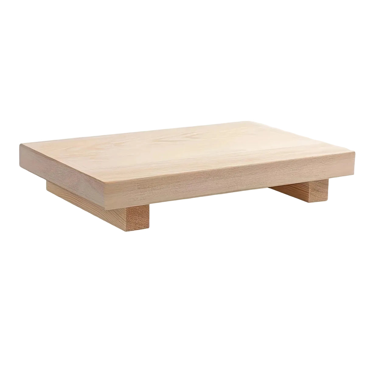  Natural pine wood elevated display tray with four square legs, three-quarter view on white background showing thick solid wood construction — japandi bathroom decor