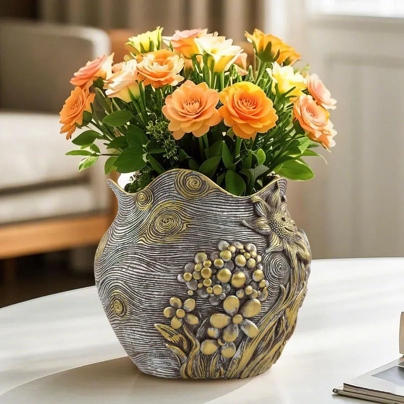 Van Gogh sunflower vase

Resin art flowerpot

Impressionist home decor 

Artistic gift for her

Modern living room accessories

Sunflower bookshelf decor

Decorative resin vase

Art history home gifts

High-end floral container