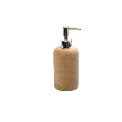 Rose Stone travertine-texture soap dispenser with polished chrome pump, full front view on white background showing warm rose-beige pitted stone finish