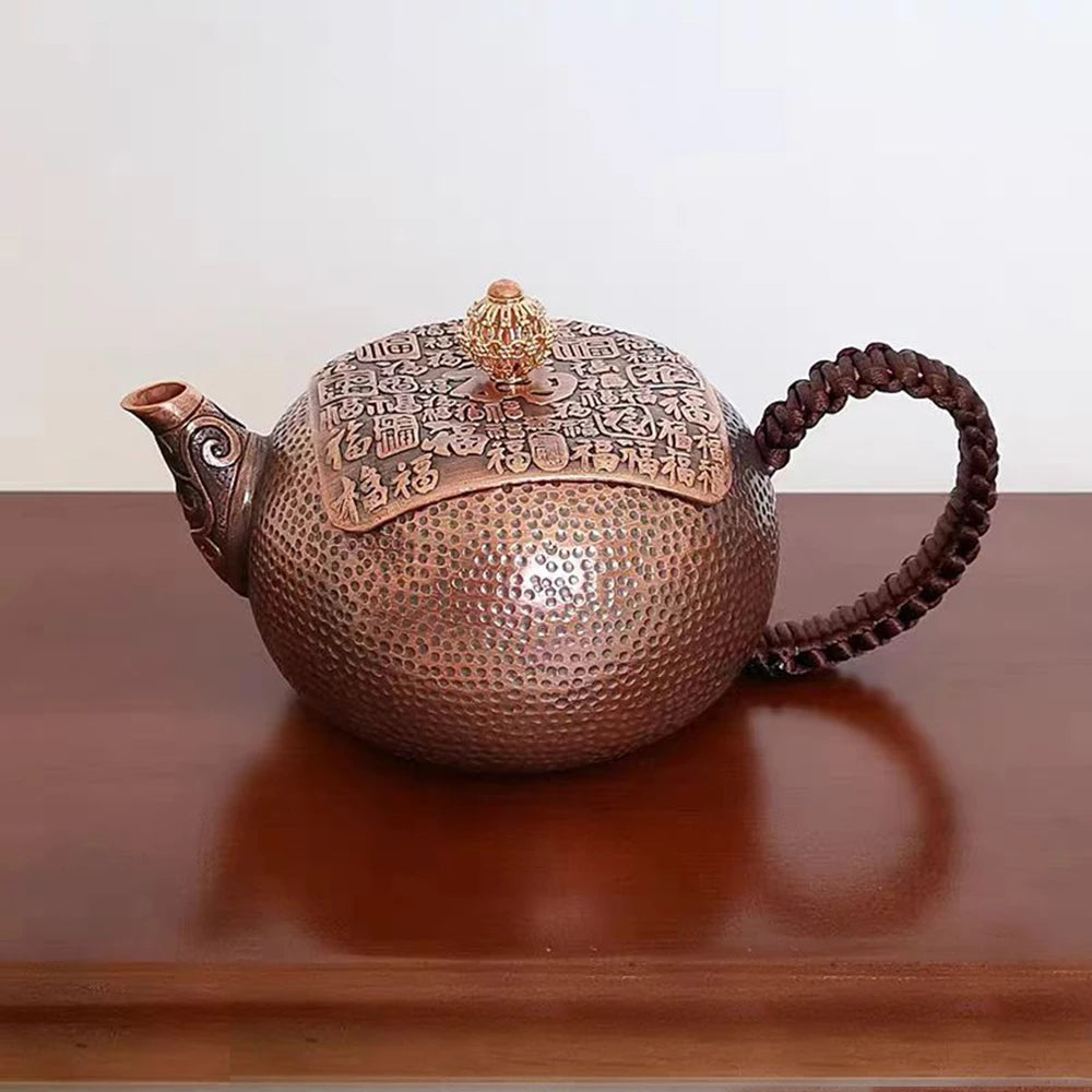 "Copper Ritual" handcrafted pure copper teapot, front view — CL House