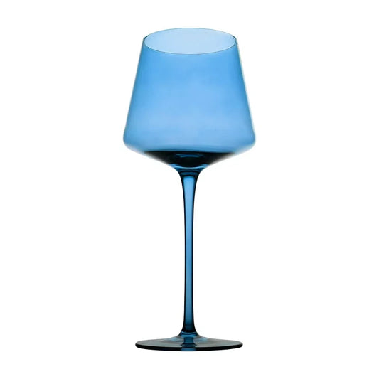 "Colour Bowl" crystal wine glass in Ocean Blue, wide bowl silhouette with coloured stem — CL House Drinkware collection