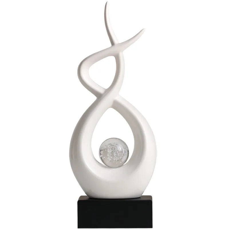 "Flame" abstract ceramic sculpture, Flame open spiral form with wood base, CL House