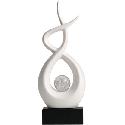 "Flame" abstract ceramic sculpture, Flame open spiral form with wood base, CL House