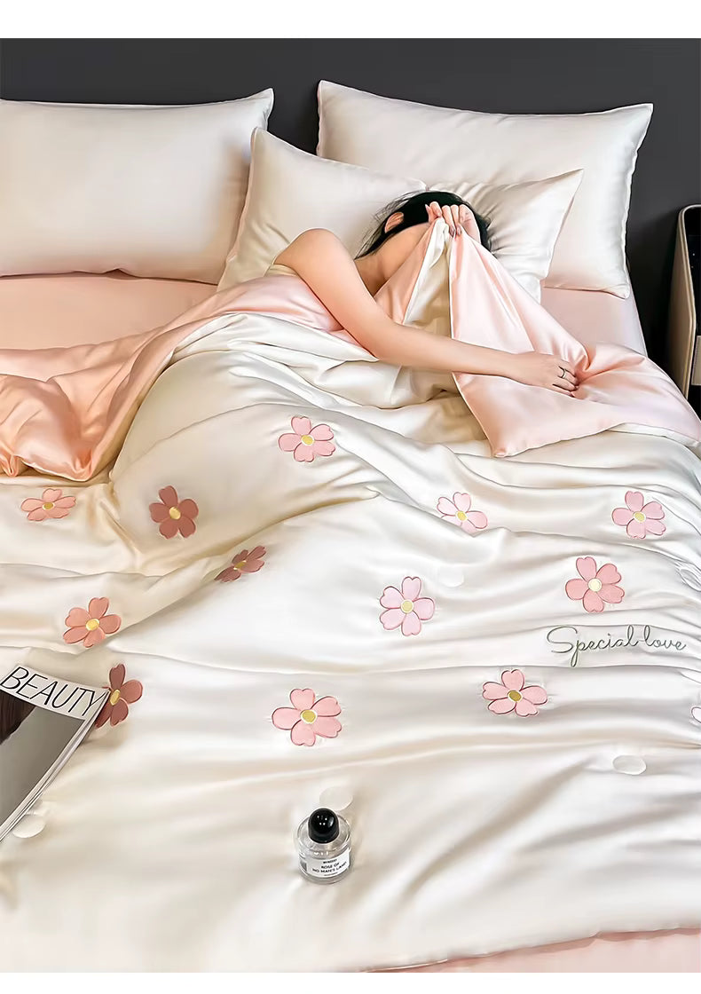 "Ice Bloom" Floral Embroidered Ice Silk Cooling Summer Quilt