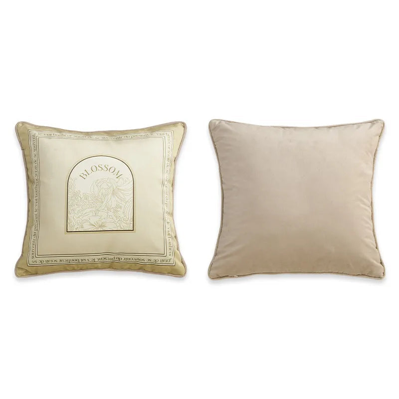  "Blossom" botanical velvet cushion cover front and back view, champagne ground with arched botanical illustration in black ink, French script border, plain champagne velvet reverse with coordinating piping — CL House Cushions collection