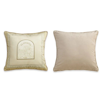  "Blossom" botanical velvet cushion cover front and back view, champagne ground with arched botanical illustration in black ink, French script border, plain champagne velvet reverse with coordinating piping — CL House Cushions collection