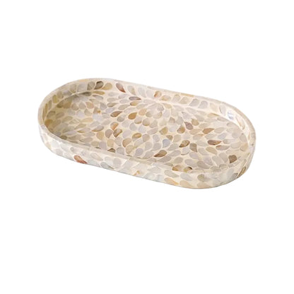  Pearl mother-of-pearl mosaic oval tray 35x18cm with cream and gold shell inlay pattern, three-quarter view showing depth — luxury bathroom vanity accessory

