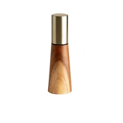 Acacia Twist single salt mill on white background showing natural acacia wood grain and brushed gold stainless steel top