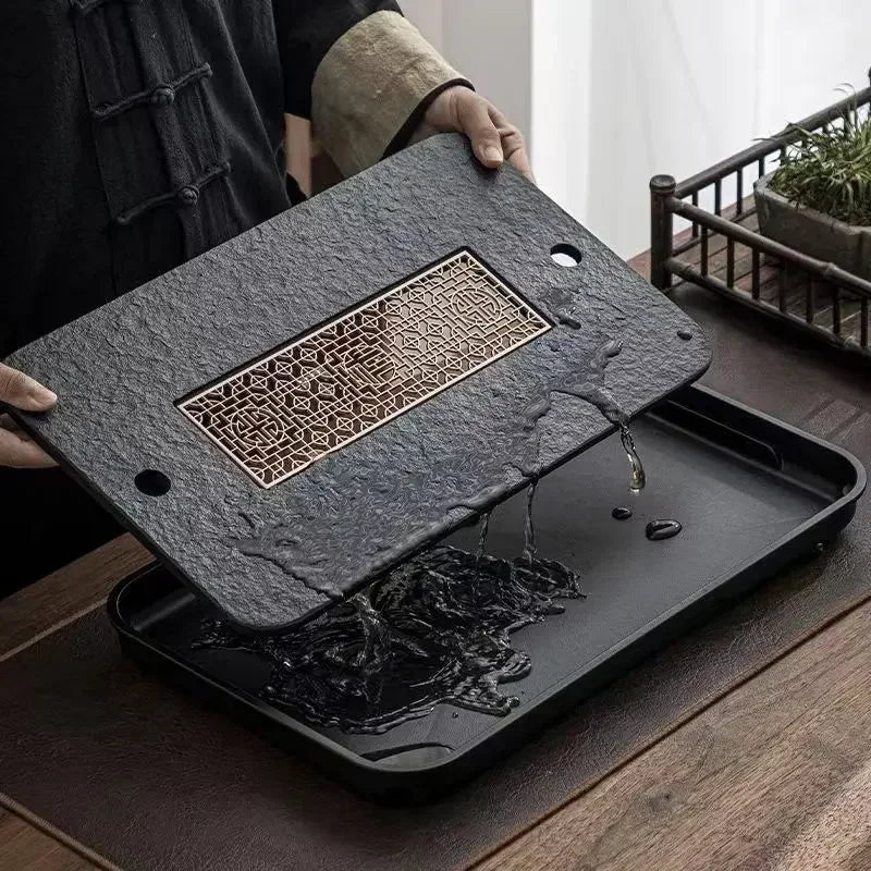 Gongfu Cha Pan Stone & Wood Drainage Tea Tray – drainage system in action, water flowing through carved wood lattice | CL House