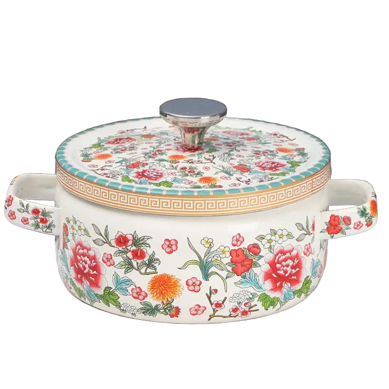 Imagem 3: Floral enamel casserole with lid, Peony Garden design — full side view showing red peonies, orange chrysanthemums and mixed blooms on cream enamel, gold Greek key border, white background — Peony Garden by CL House
