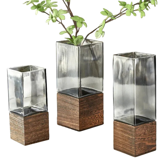 "Timber & Glass" Square Stem Vase — set of three sizes (Wide, Slim and Tall) with dark wood base, Japandi minimalist home decor