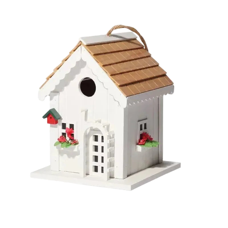 "Natural Wood House" hanging wooden birdhouse with white painted walls, natural wood shingle roof, red flower window boxes and jute rope hanger, garden decoration