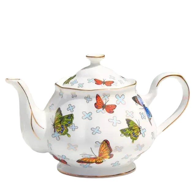  (Teapot 850ml):

"White bone china teapot with butterfly botanical print and gold trim, 850ml — CL House Tea Time"