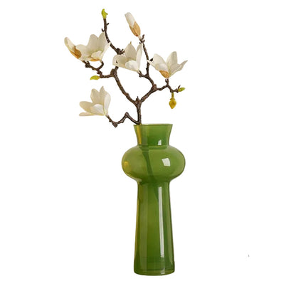  Moss Curve moss green glass vase styled with white cherry blossom branches, white background