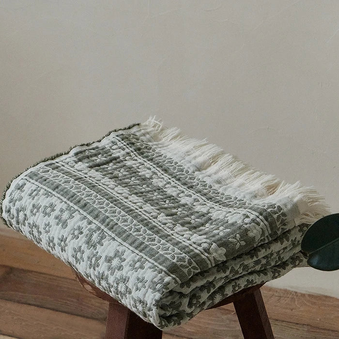  Detailed close-up of Sage Bloom 100% cotton jacquard woven throw blanket showing striped floral weave pattern and white fringe trim in soft natural light