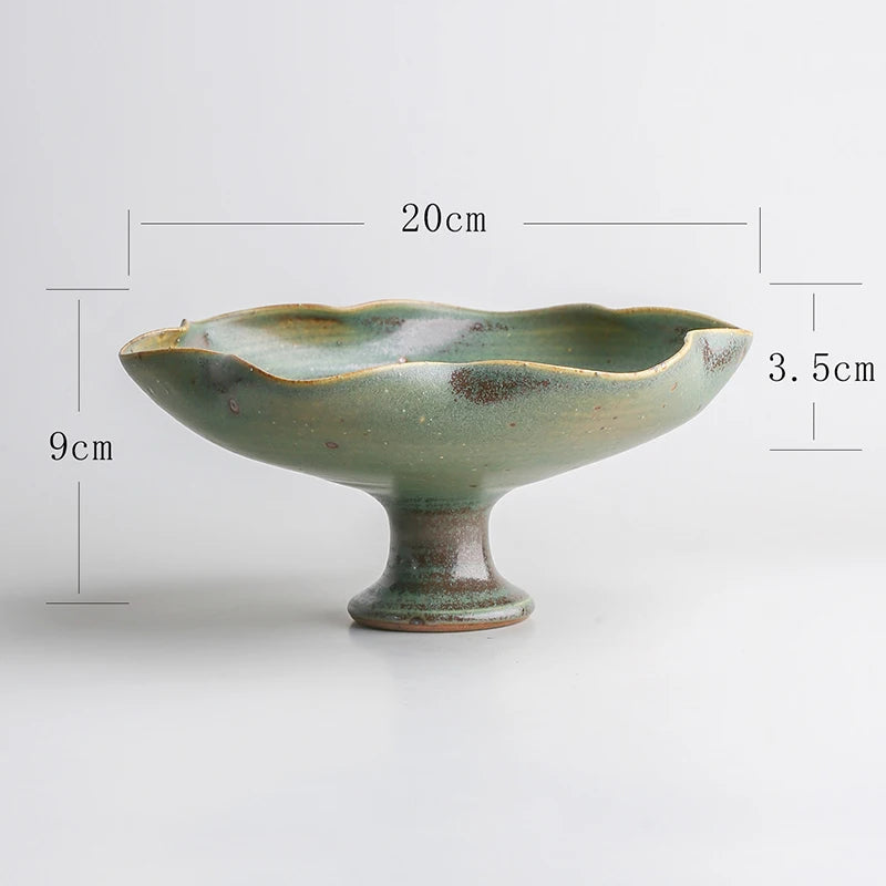 "Moss Stone hand-glazed ceramic lotus bowl with organic scalloped rim, wabi-sabi finish"