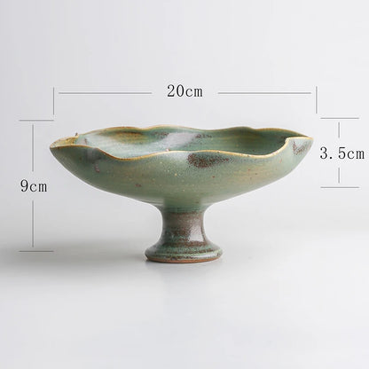"Moss Stone hand-glazed ceramic lotus bowl with organic scalloped rim, wabi-sabi finish"