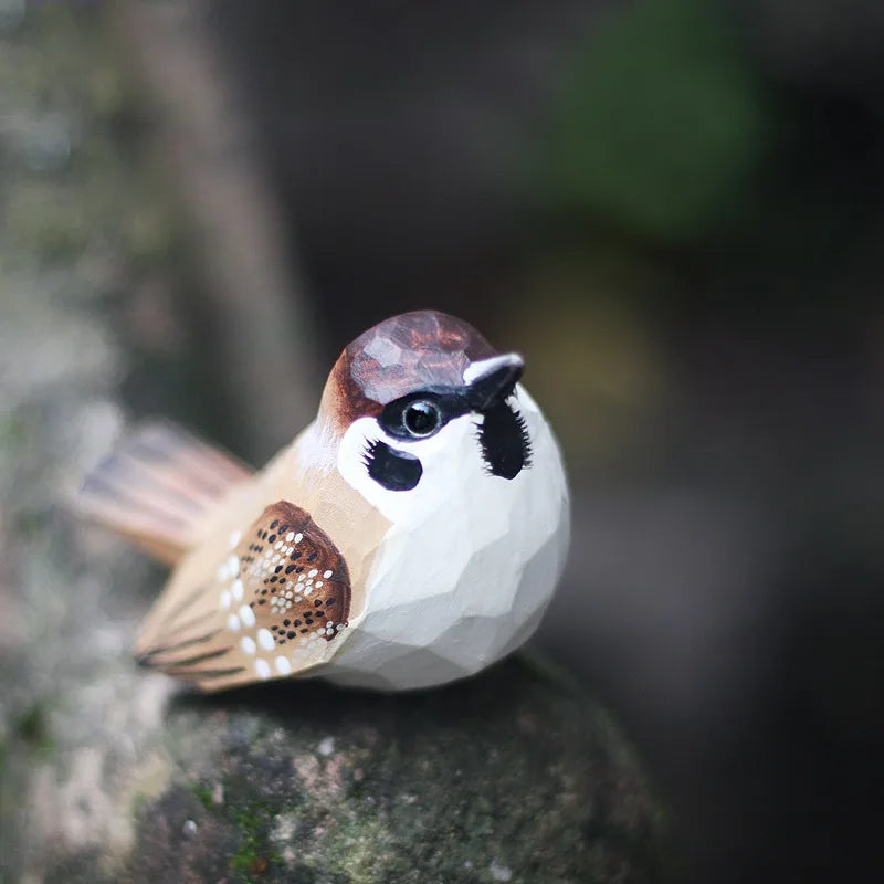 "Little Sparrow" hand-carved wood bird figurine on natural wood base, side profile view, CL House


