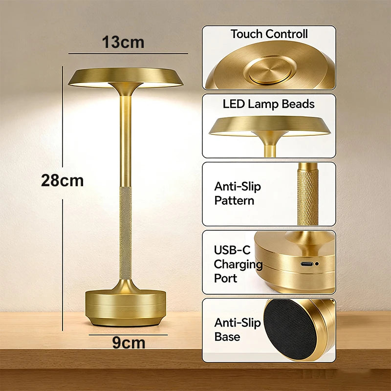  Technical diagram of the "Disc & Stem" table lamp in Gold finish showing dimensions 13 × 28 × 9cm, with close-up details of touch control, LED beads, knurled stem, USB-C charging port and anti-slip base — by CL House