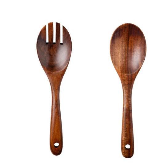 "Wild Harvest" acacia wood salad servers set with serving spoon and salad fork, natural wood grain, white background