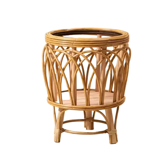 Rattan Weave" natural rattan plant stand with arch weave pattern, Large size, glass top insert, dimensions: 21cm inner diameter, 20cm body height, 12cm legs, 32cm overall height, warm honey tone finish