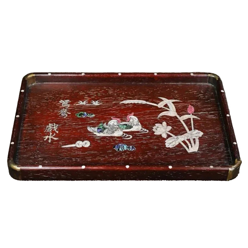 "Serene Union" solid rosewood tea tray with hand-carved iridescent shell inlay, mandarin duck motif, 36cm — CL House Tea Times