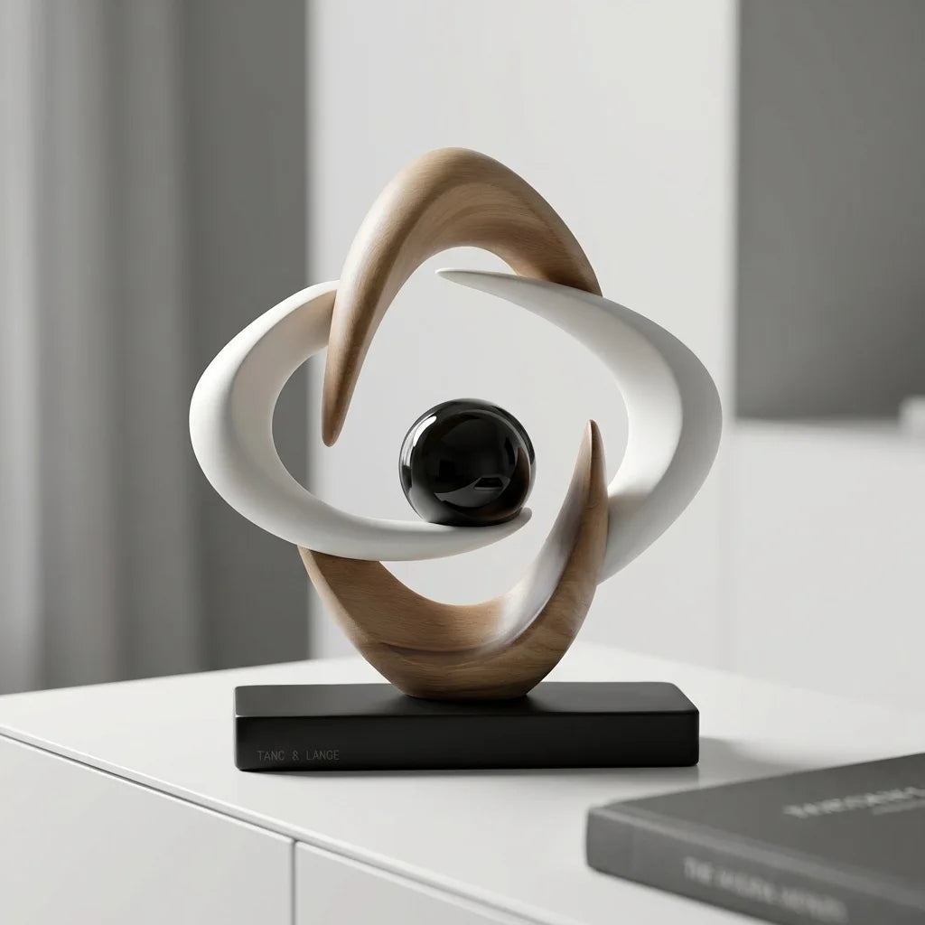 White and gold abstract resin sculpture with a glossy black sphere on a black base, styled on a white sideboard beside a book.