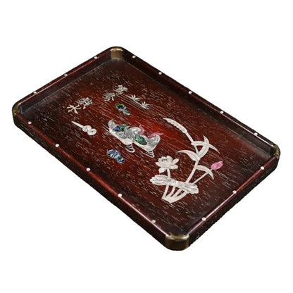 "Serene Union" solid rosewood tea tray with hand-carved iridescent shell inlay, mandarin duck motif, 36cm — CL House Tea Time