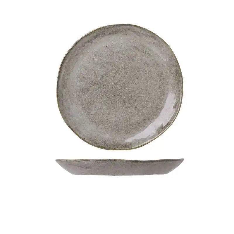  "Speckled Stone" ceramic dinner plate in matte grey with reactive glaze finish — top view and side profile on white background