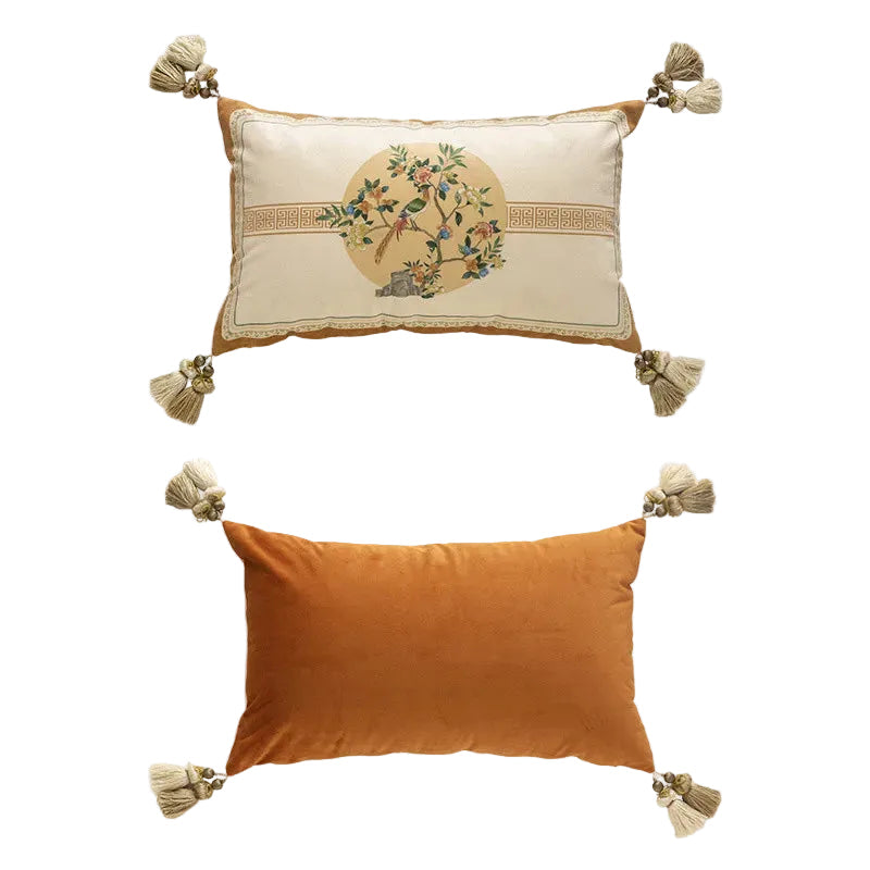 "Moon Blossom" chinoiserie velvet lumbar cushion cover front and back view, ivory ground with circular bird and blossom motif, Greek key border, caramel velvet reverse with corner tassels — CL House Cushions collection