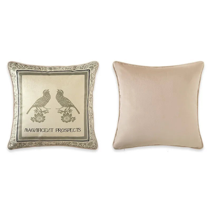 "Morris Garden" jacquard velvet cushion cover — ivory panel with two singing birds and "Magnificent Prospects" inscription, floral border, solid beige reverse, 45×45cm — CL House
