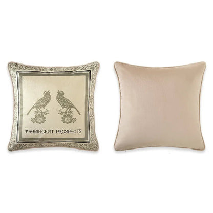 "Morris Garden" jacquard velvet cushion cover — ivory panel with two singing birds and "Magnificent Prospects" inscription, floral border, solid beige reverse, 45×45cm — CL House