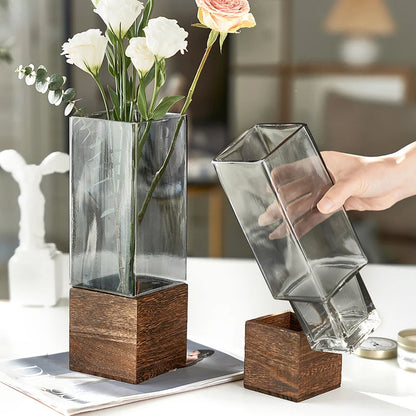 "Timber & Glass" Square Stem Vase — Wide 9.5 × 25cm and Slim 7.5 × 25cm side by side, clear glass and dark wood, zen decor