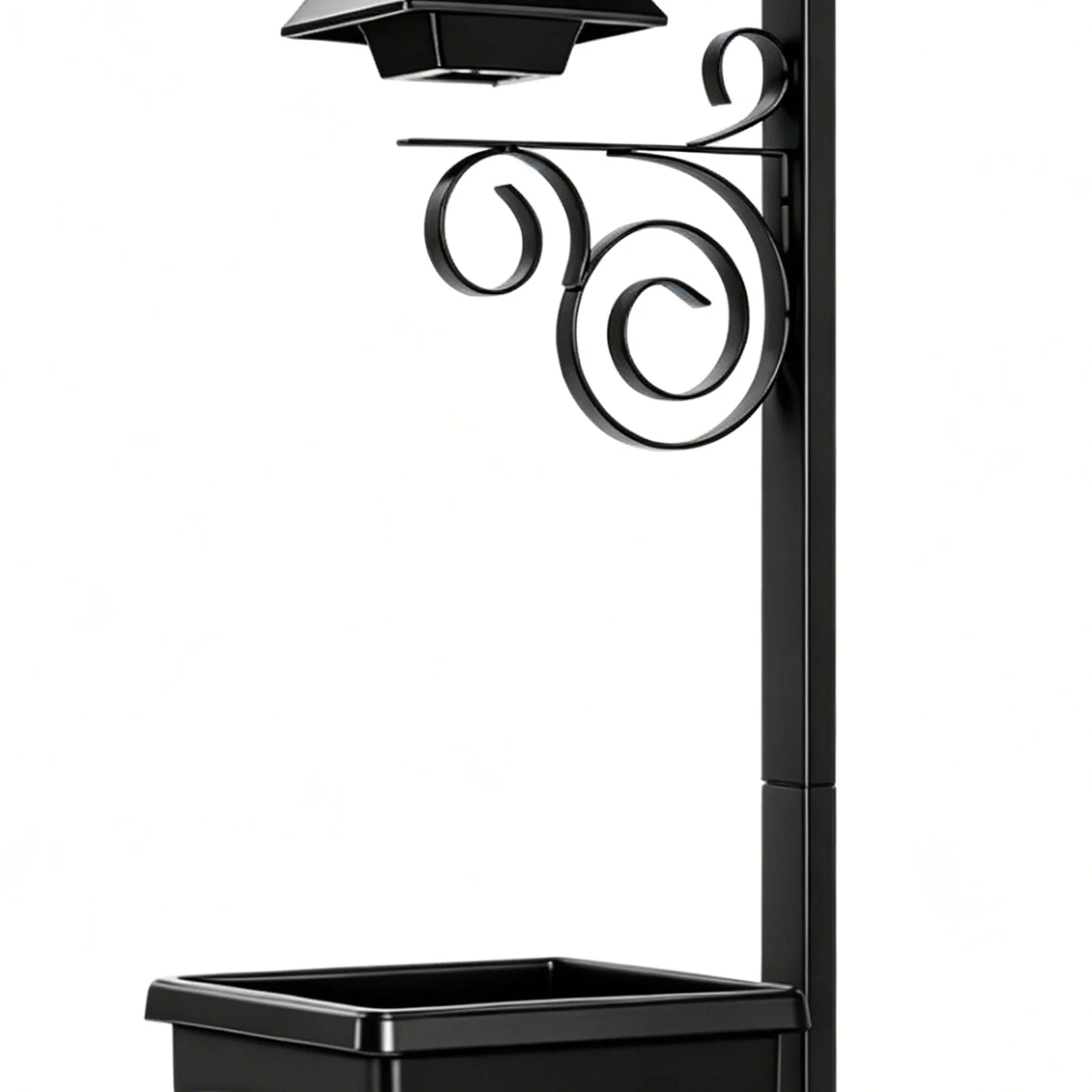  Close-up detail of matte black solar garden post showing ornate scrollwork bracket, solar panel, and integrated square planter box on white background
