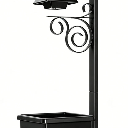  Close-up detail of matte black solar garden post showing ornate scrollwork bracket, solar panel, and integrated square planter box on white background