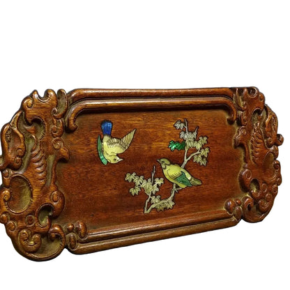 "Heritage Orchard" solid rosewood tea tray with hand-placed colourful shell inlay, bird and floral motif, 25x12cm — CL House Tea Time