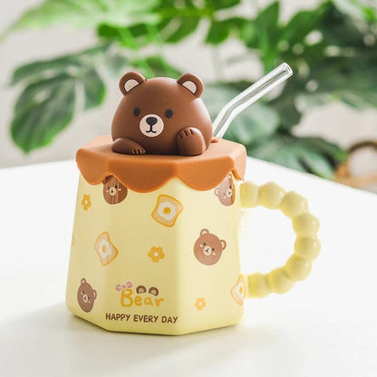 Cartoon Ceramic Mug Lid And Spoon Novelty Mug Kids Mug Cute Coffee Mug Gift Anime Kawaii