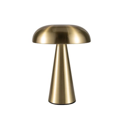  Cap & Glow mushroom table lamp in Golden brushed metal finish, with a wide domed shade and conical base, on a white background.