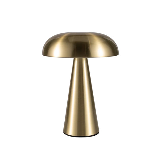  Cap & Glow mushroom table lamp in Golden brushed metal finish, with a wide domed shade and conical base, on a white background.