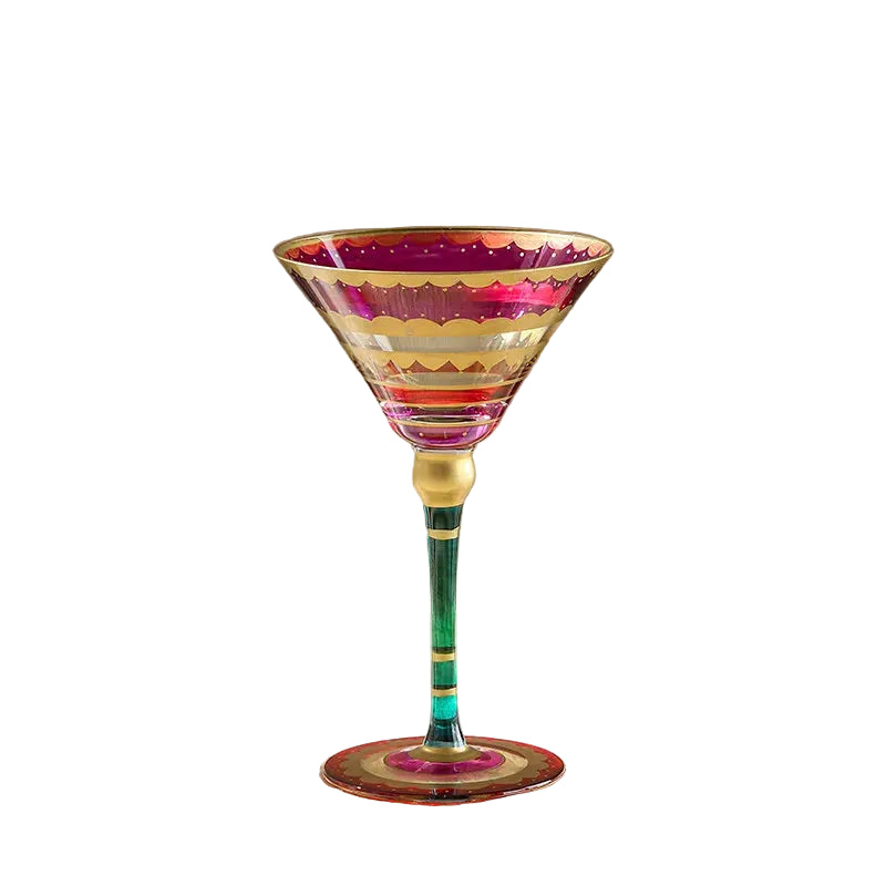 "Chromatic" hand-painted martini glass in Blossom variant with botanical motif on white background — CL House Drinkware collection