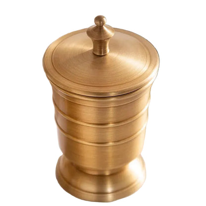 Antique brass storage jar with domed lid and decorative knob, ridged cylindrical body, brushed warm gold finish, white background