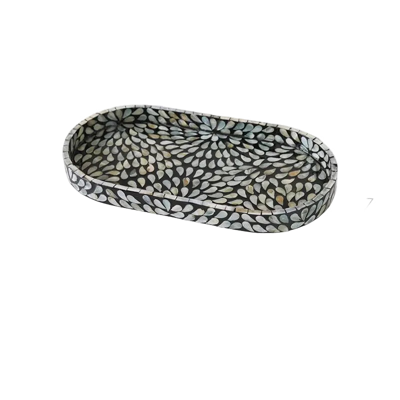  Midnight black mother-of-pearl mosaic oval tray 35x18cm with iridescent grey-blue shell inlay floral pattern, three-quarter view — luxury bathroom decorative tray