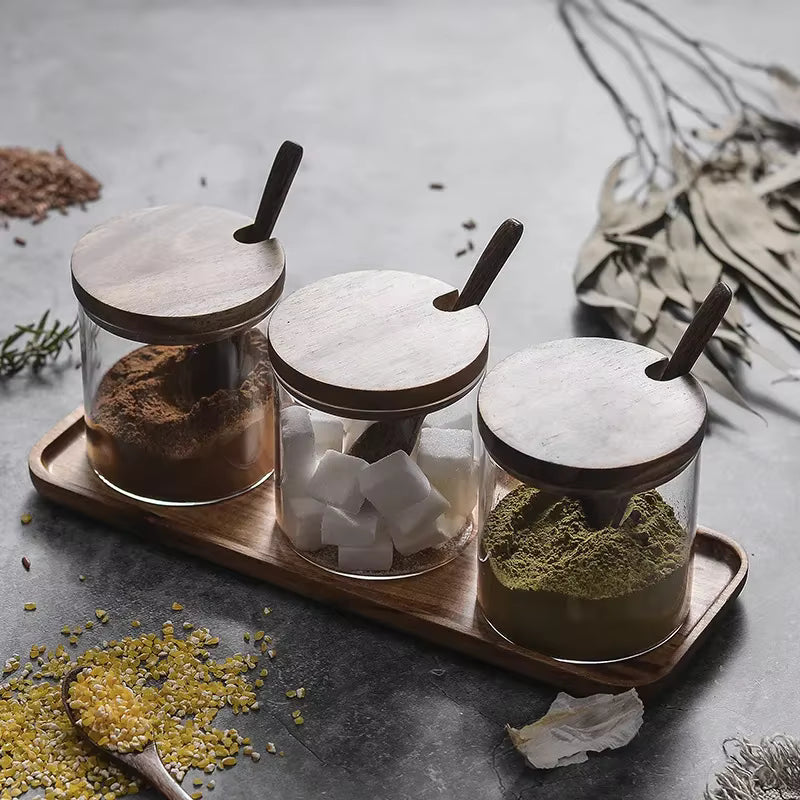 "Acacia & Glass" Spice Jar Set with Wooden Tray