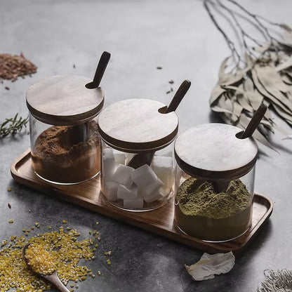 "Acacia & Glass" Spice Jar Set with Wooden Tray