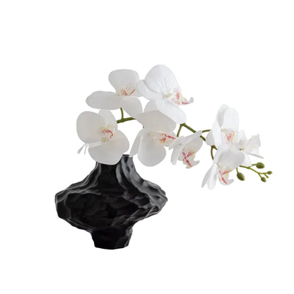 Cloud Form Black ceramic vase styled with white orchid stems, white background