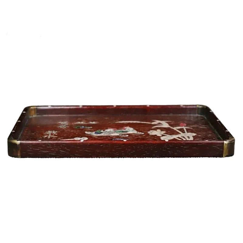 "Serene Union" solid rosewood tea tray with hand-carved iridescent shell inlay, mandarin duck motif, 36cm — CL House Tea Timers